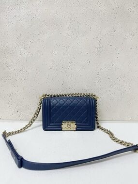 CHANEL LEBOY Navy Quilted Bag with Gold Chain Small